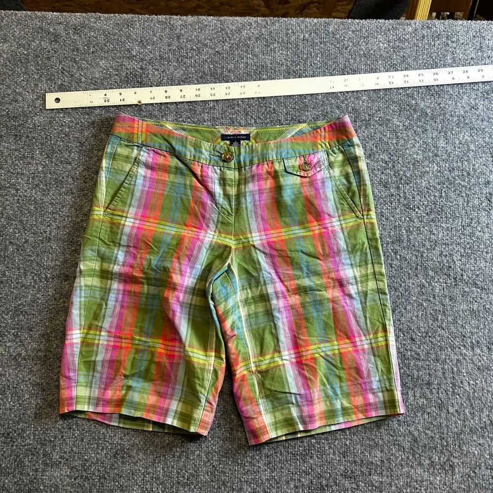 Tommy Hilfiger Shorts Womens Size 4 Green Pink Plaid Preppy Casual Chino Pocket